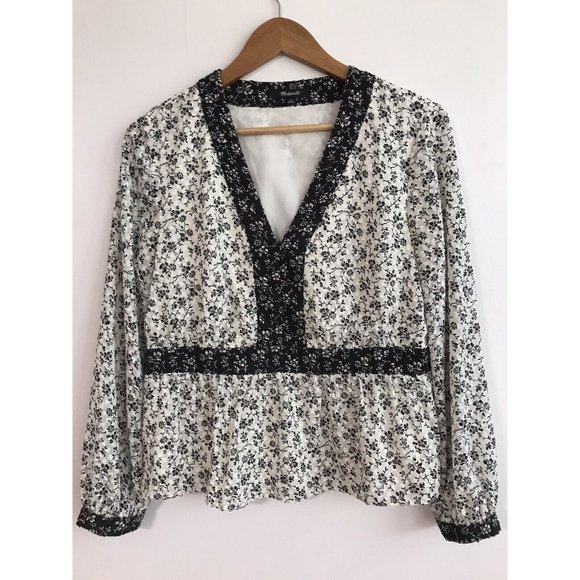 Madewell V-Neck Peplum Top in Clipdot Branch Floral Black White Medium - Picture 1 of 5